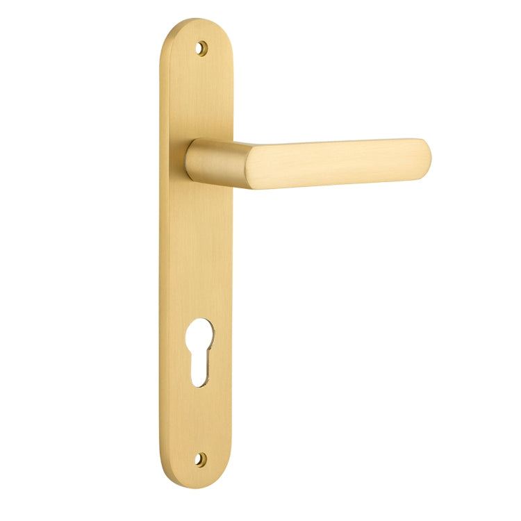 Door Lever Osaka Oval Euro Pair Brushed Gold PVD CTC85mm L120xP52mm BPH240xW40mm in Brushed Gold PVD
