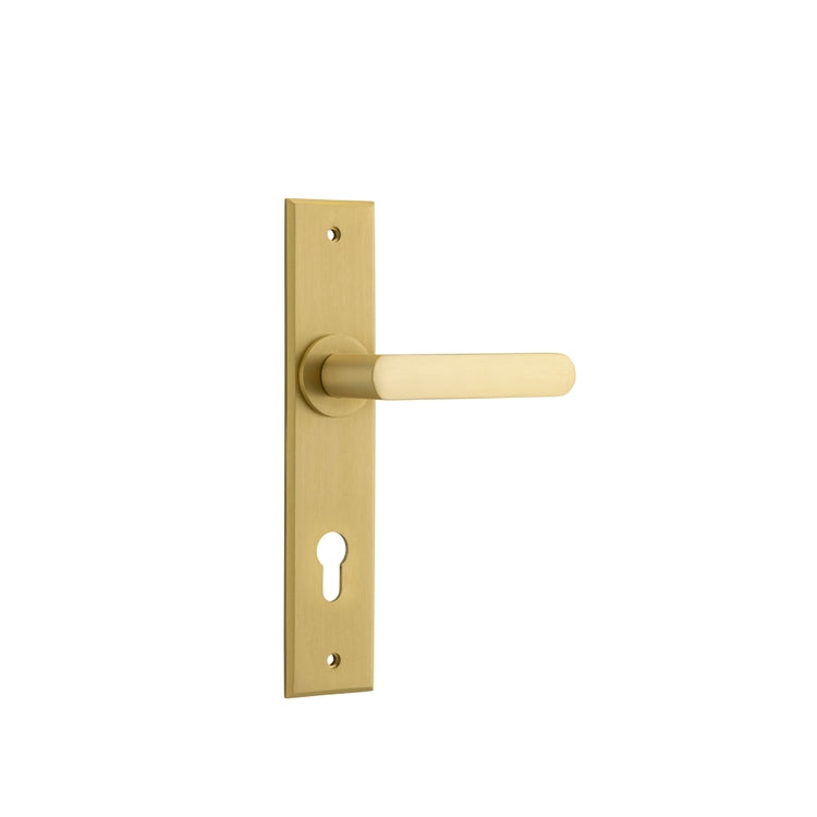 Door Lever Osaka Chamfered Euro Pair Brushed Gold PVD CTC85mm L120xP54mm BPH240xW50mm in Brushed Gold PVD
