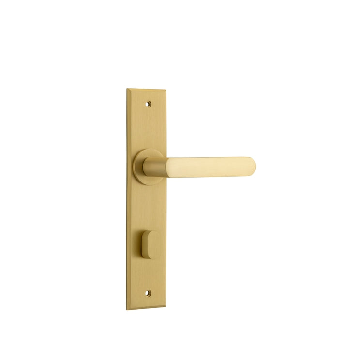 Door Lever Osaka Chamfered Privacy Pair Brushed Gold PVD CTC85mm L120xP54mm BPH240xW50mm in Brushed Gold PVD