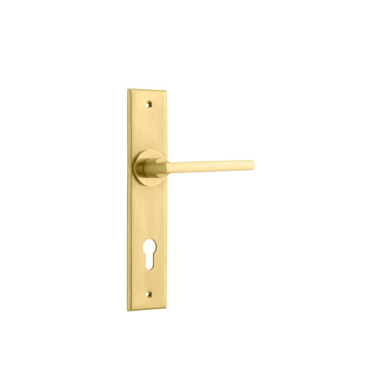 Door Lever Baltimore Chamfered Euro Pair Brushed Gold PVD CTC85mm L118xP56mm BPH240xW50mm in Brushed Gold PVD