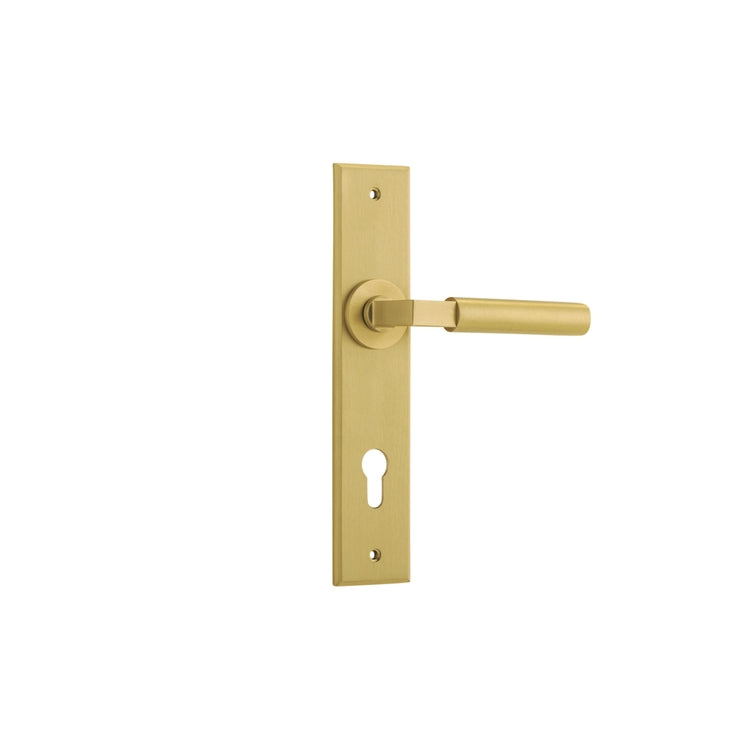 Door Lever Berlin Chamfered Euro Pair Brushed Gold PVD CTC85mm L120xP59mm BPH240xW50mm in Brushed Gold PVD