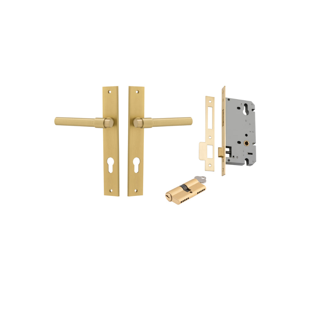 Door Lever Helsinki Rectangular Euro Pair Brushed Gold PVD CTC85mm H240xW38xP58mm Entrance Kit, Mortice Lock Euro Brushed Gold PVD CTC85mm Backset 60mm, Euro Cylinder Dual Function 5 Pin Satin Brass L65mm KA1 in Brushed Gold PVD