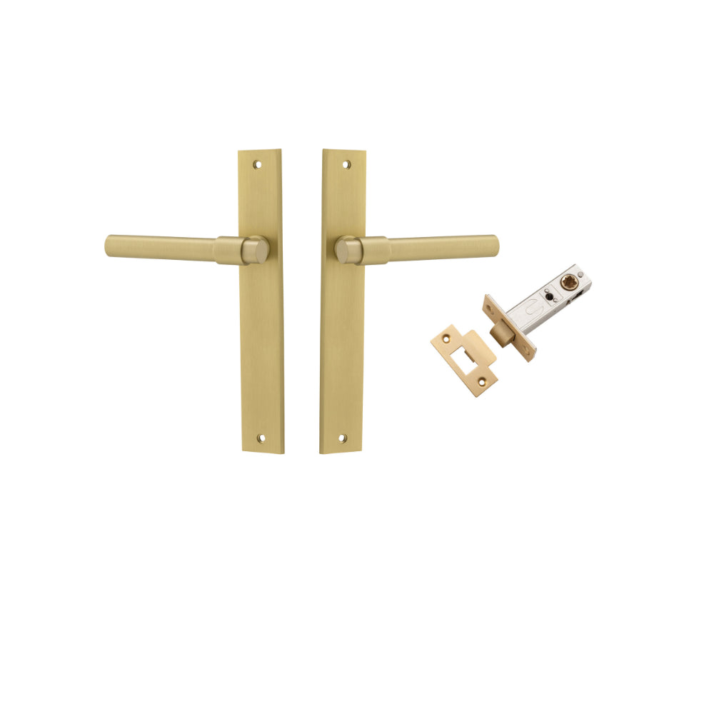 Door Lever Helsinki Rectangular Brushed Gold PVD L137xP58mm BPH240xW38mm Passage Kit, Tube Latch Split Cam 'T' Striker Brushed Gold PVD Backset 60mm in Brushed Gold PVD