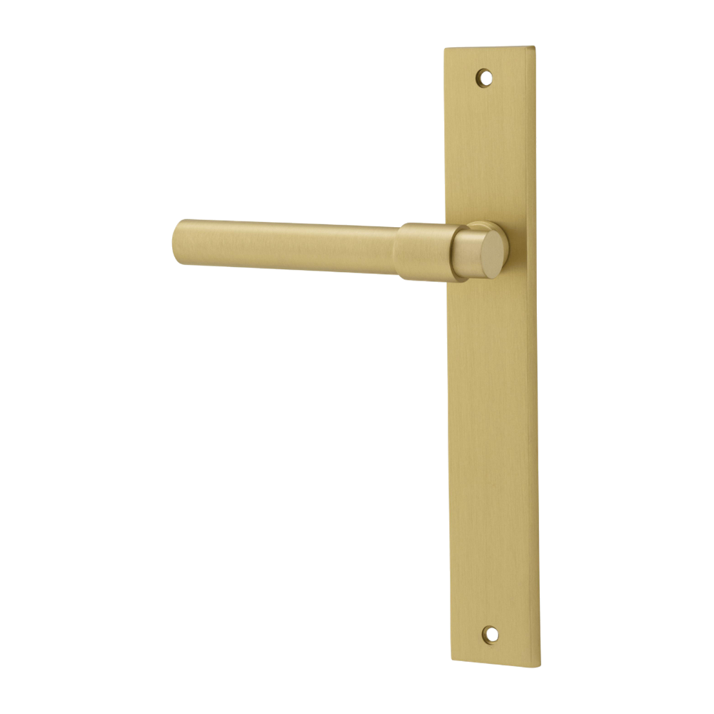 Door Lever Helsinki Rectangular Latch Left Hand Fixed Brushed Gold PVD L137xP58mm BPH240xW38mm in Brushed Gold PVD