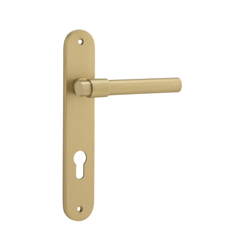 Door Lever Helsinki Oval Euro Pair Brushed Gold PVD CTC85mm H240xW40xP44mm in Brushed Gold PVD