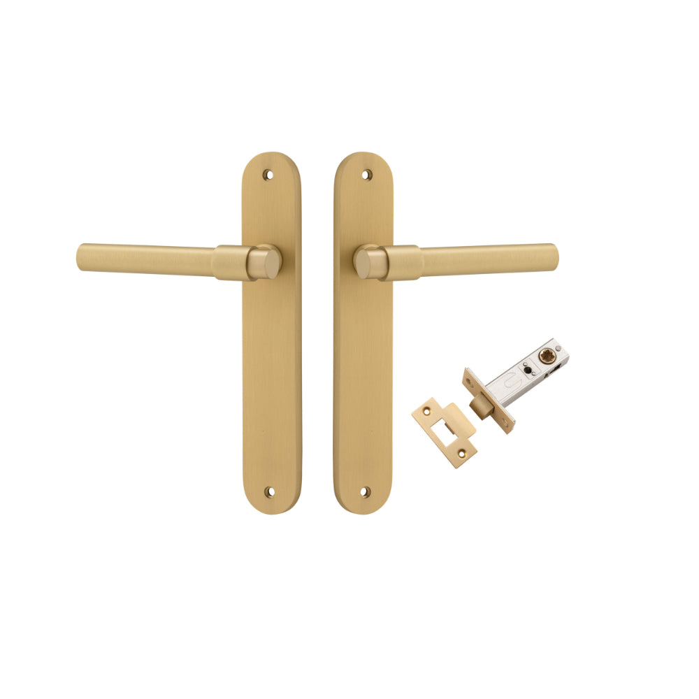 Door Lever Helsinki Oval Brushed Gold PVD L137xP58mm BPH240xW40mm Passage Kit Tube Latch Split Cam 'T' Striker Brushed Gold PVD Backset 60mm in Brushed Gold PVD