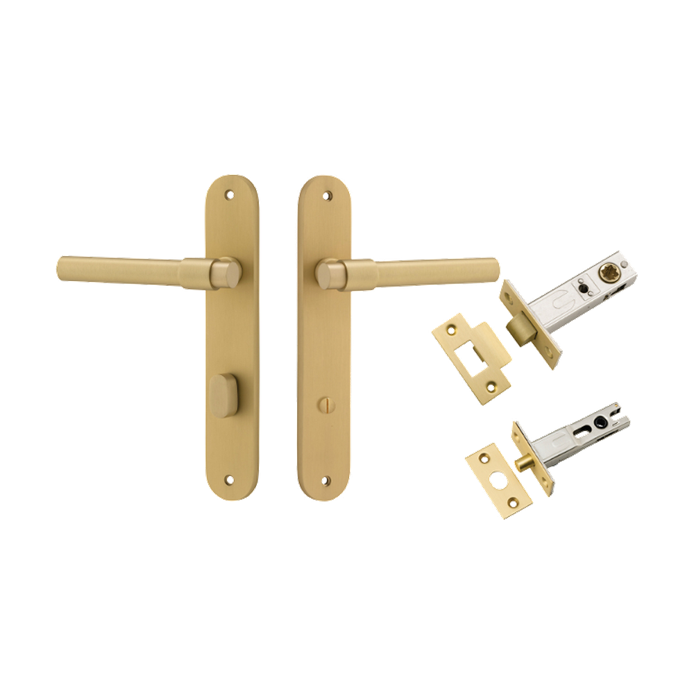 Door Lever Helsinki Oval Privacy Pair Brushed Gold PVD CTC85mm H240xW40xP58mm Privacy Kit Tube Latch Split Cam 'T' Striker Brushed Gold PVD Backset 60mm, Privacy Bolt Round Bolt Brushed Gold PVD Backset 60mm in Brushed Gold PVD