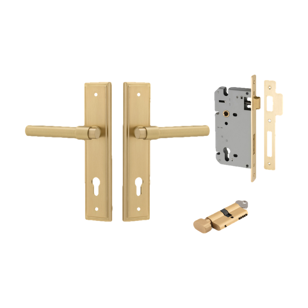 Door Lever Helsinki Stepped Euro Pair Brushed Gold PVD CTC85mm H237xW50xP61mm Entrance Kit, Mortice Lock Euro Brushed Gold PVD CTC85mm Backset 60mm, Euro Cylinder Key Thumb 6 Pin Satin Brass L70mm KA1 in Brushed Gold PVD