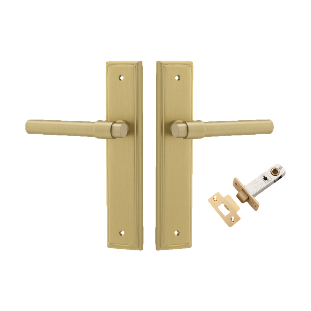 Door Lever Helsinki Stepped Brushed Gold PVD L137xP61mm BPH237xW50mm Passage Kit, Tube Latch Split Cam 'T' Striker Brushed Gold PVD Backset 60mm in Brushed Gold PVD