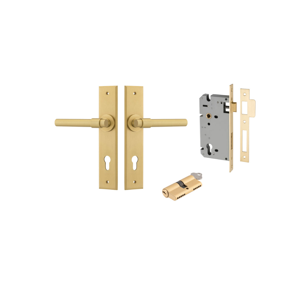 Door Lever Helsinki Chamfered Euro Pair Brushed Gold PVD CTC85mm H240xW50xP60mm Entrance Kit Mortice Lock Euro Brushed Gold PVD CTC85mm Backset 60mm, Euro Cylinder Dual Function 5 Pin Satin Brass L65mm KA1 in Brushed Gold PVD