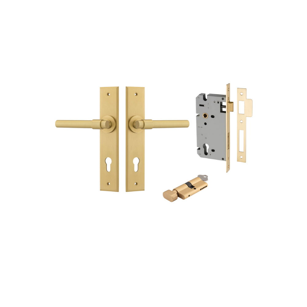 Door Lever Helsinki Chamfered Euro Pair Brushed Gold PVD CTC85mm H240xW50xP60mm Entrance Kit Mortice Lock Euro Brushed Gold PVD CTC85mm Backset 60mm, Euro Cylinder Key Thumb 6 Pin Satin Brass L70mm KA1 in Brushed Gold PVD