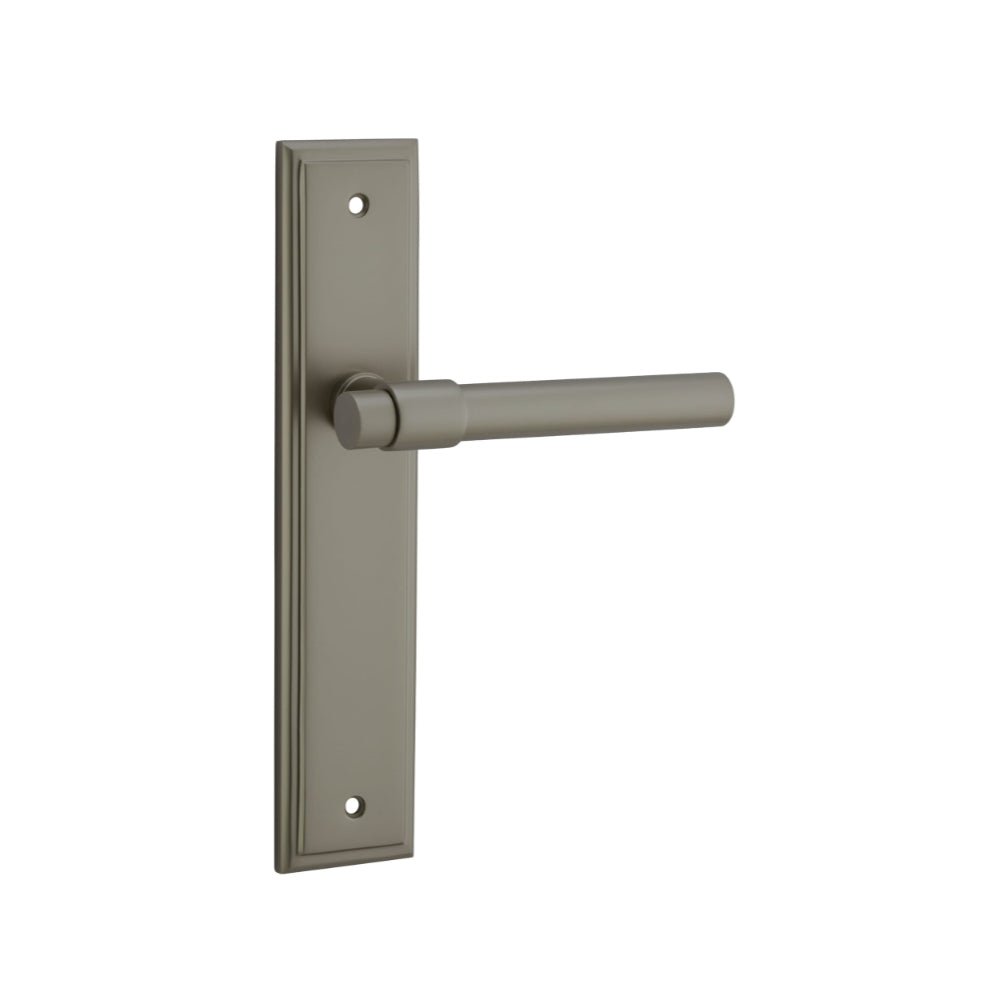 Pair of Iver Helsinki lever door handles on stepped backplates, featuring modern design and brushed finish.