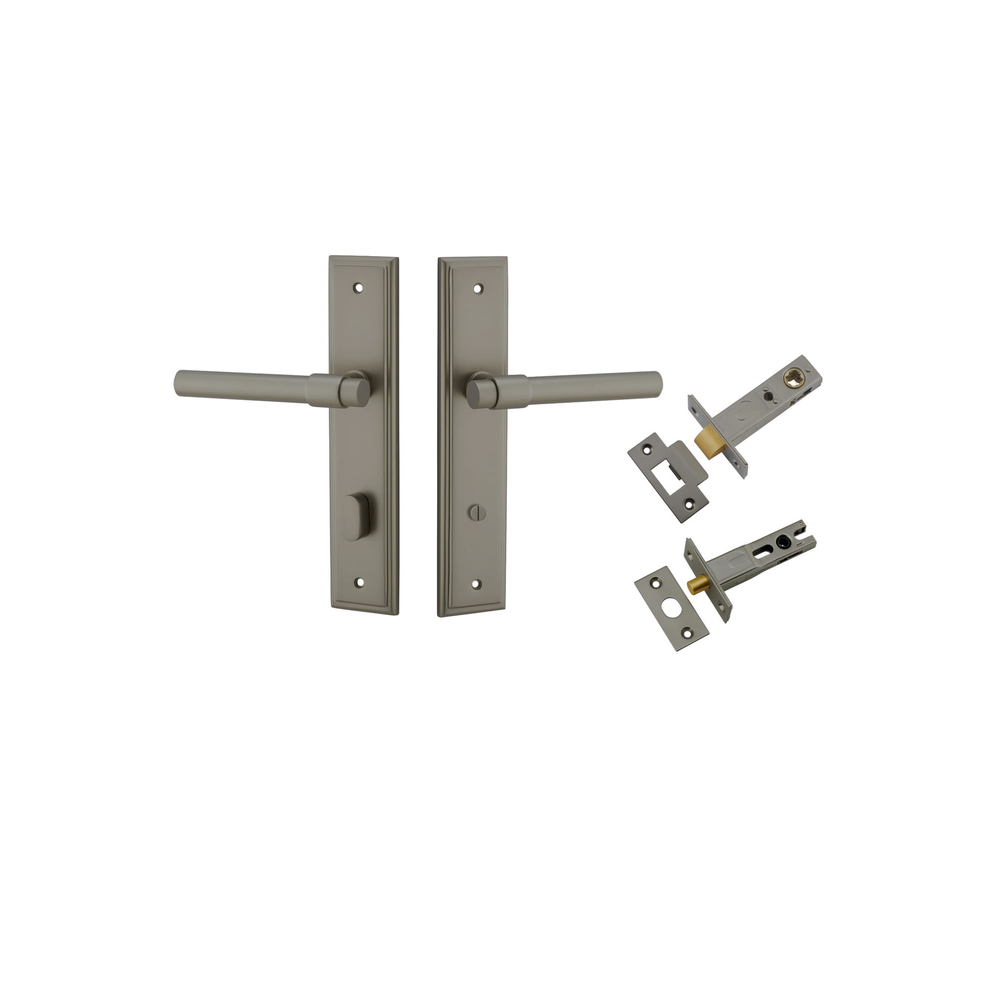 Pair of Iver Helsinki lever door handles on stepped backplates, featuring a sleek metallic finish and modern design.