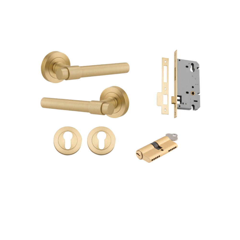 Door Lever Helsinki Round Rose Brushed Gold PVD D52xP61mm Entrance Kit, Mortice Lock Euro Brushed Gold PVD CTC85mm Backset 60, Euro Cylinder Dual Function 5 Pin Satin Brass L65 KA1, Escutcheon Euro Concealed Fix Rnd Pair Brushed Gold PVD D52xP10mm in Brushed Gold PVD