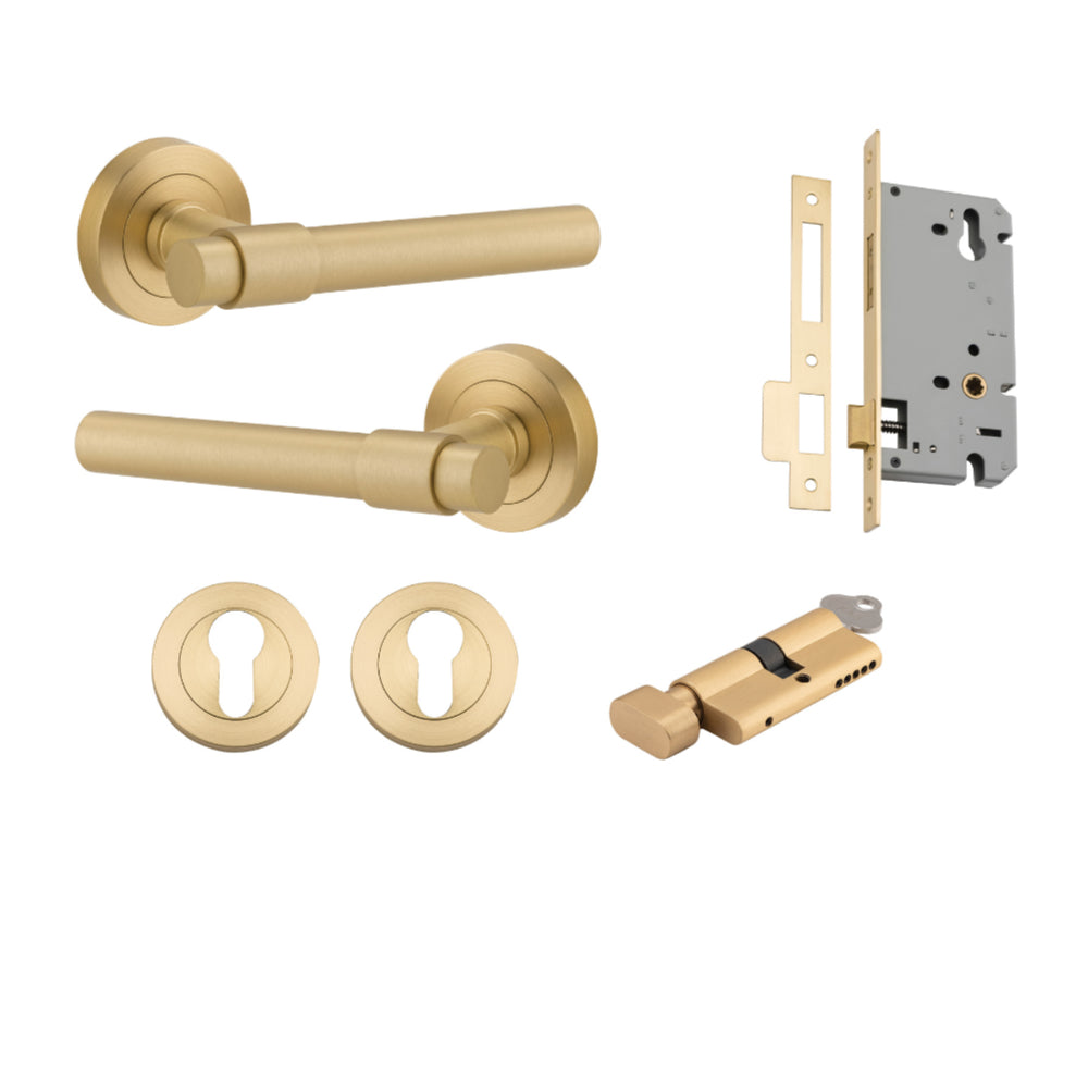 Door Lever Helsinki Round Rose Brushed Gold PVD D52xP61mm Entrance Kit, Mortice Lock Euro Brushed Gold PVD CTC85mm Backset 60mm, Euro Cylinder Key Thumb 6 Pin Satin Brass L70mm KA1, Escutcheon Euro Concealed Fix Round Pair Brushed Gold PVD D52xP10mm in Brushed Gold PVD