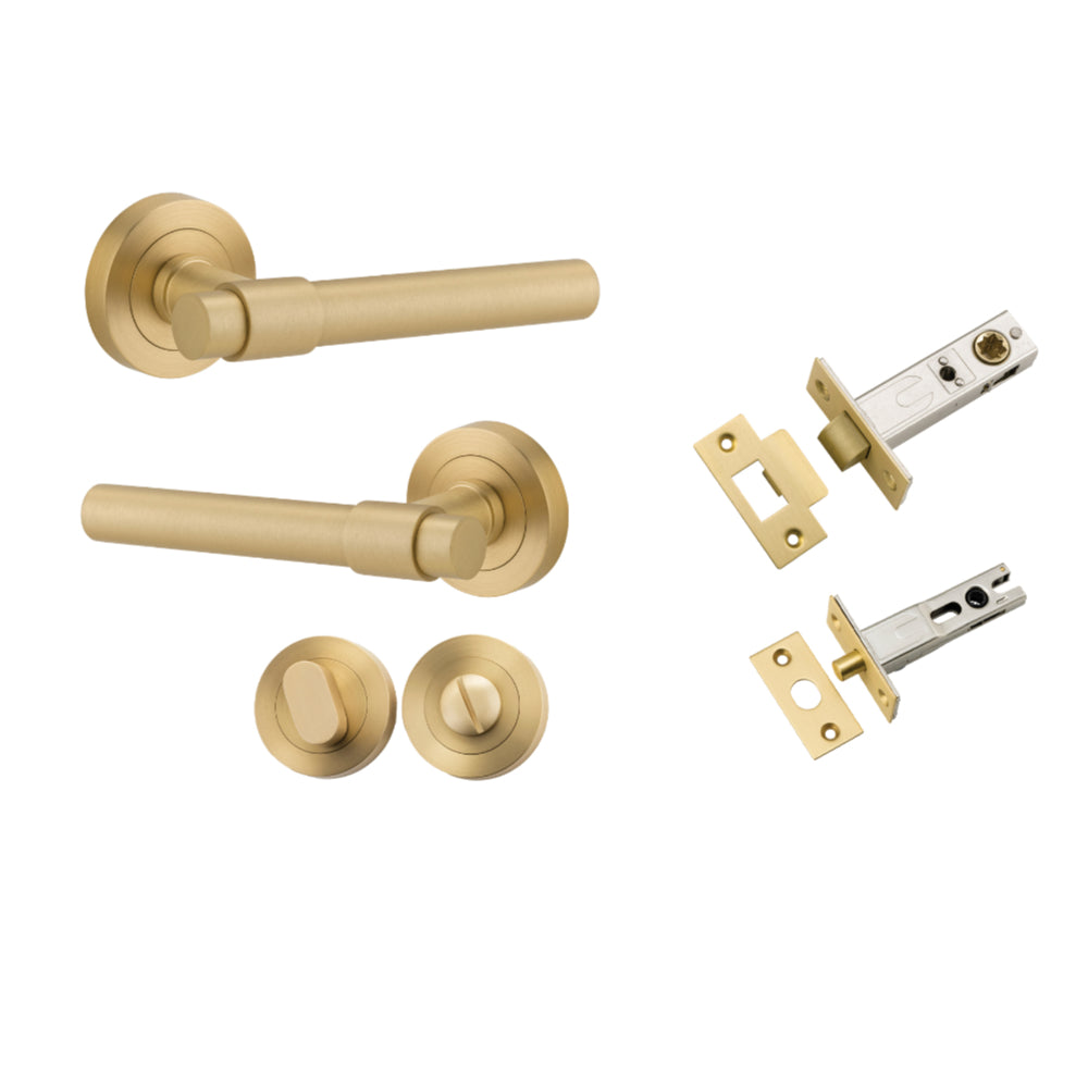 Door Lever Helsinki Round Rose Brushed Gold PVD D52xP61mm Privacy Kit, Tube Latch Split Cam 'T' Striker Brushed Gold PVD Backset 60, Privacy Bolt Rnd Bolt Brushed Gold PVD Backset 60, Privacy Turn Oval Concealed Fix Rnd Brushed Gold PVD D52xP23mm in Brushed Gold PVD