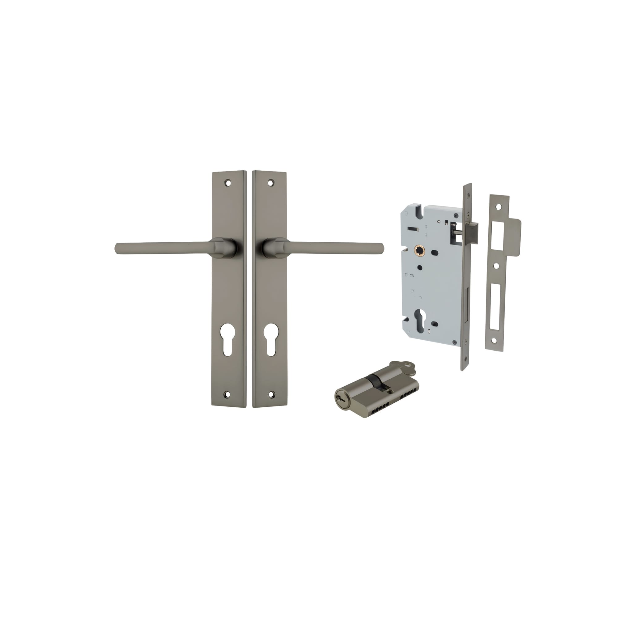 Pair of Iver Baltimore lever handles on rectangular backplates, showcasing polished brass finish and modern door hardware design.