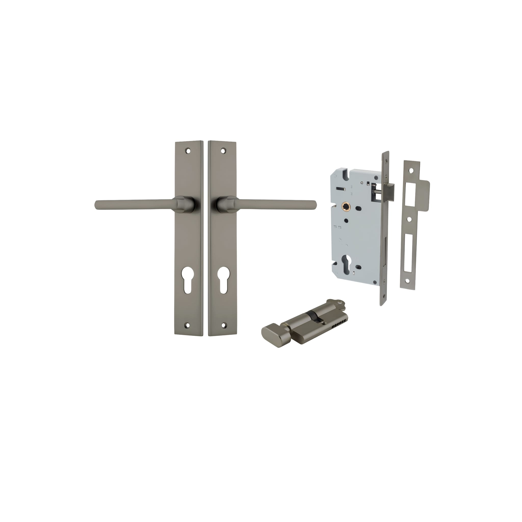 Pair of Iver Baltimore lever door handles on rectangular backplates, showcasing polished metal finish and modern design.