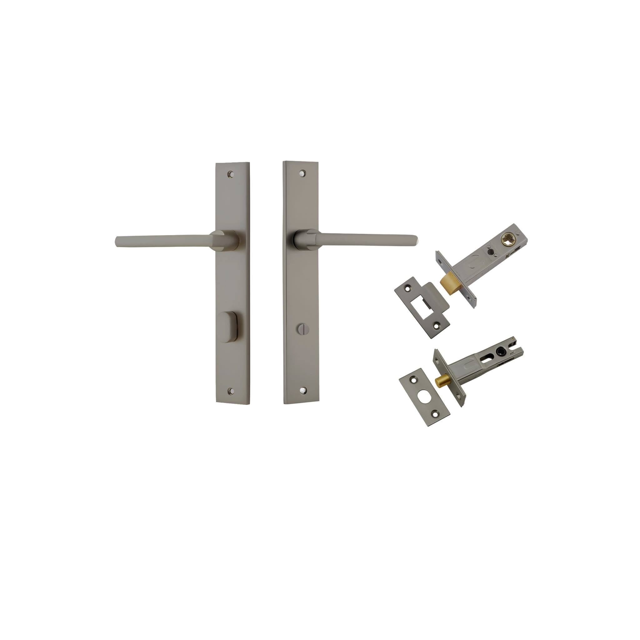 Pair of Iver Baltimore lever door handles on rectangular backplates, showcasing modern black finish and sleek design.