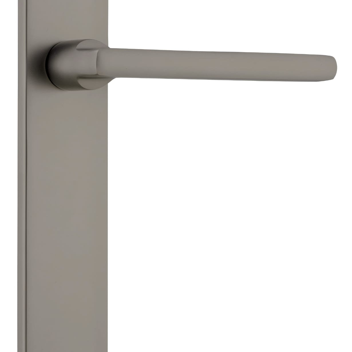 Pair of Iver Baltimore lever door handles on oval backplates, featuring a sleek, modern design in a polished finish.