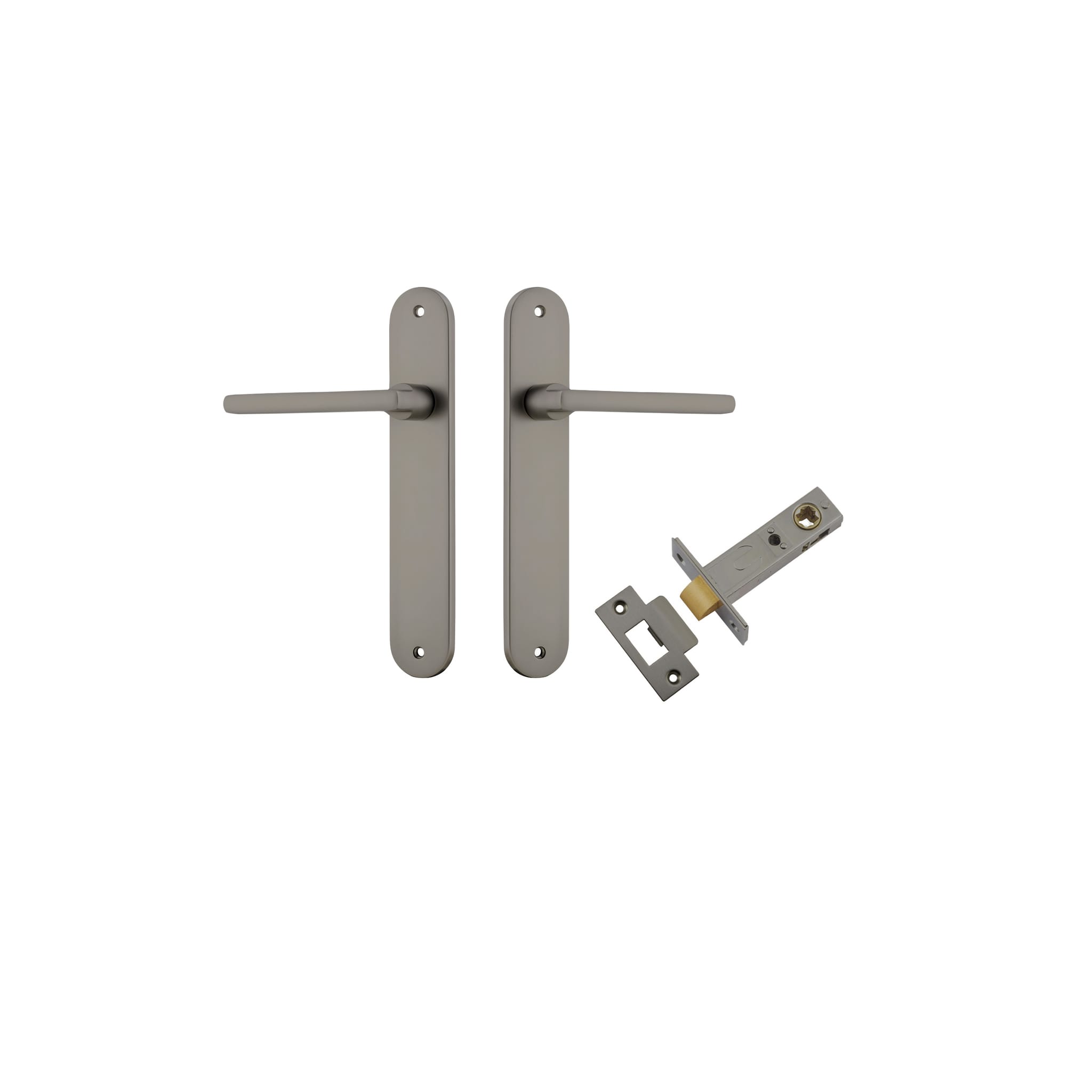 Pair of Iver Baltimore lever handles on oval backplates, featuring a sleek, modern design for interior doors.
