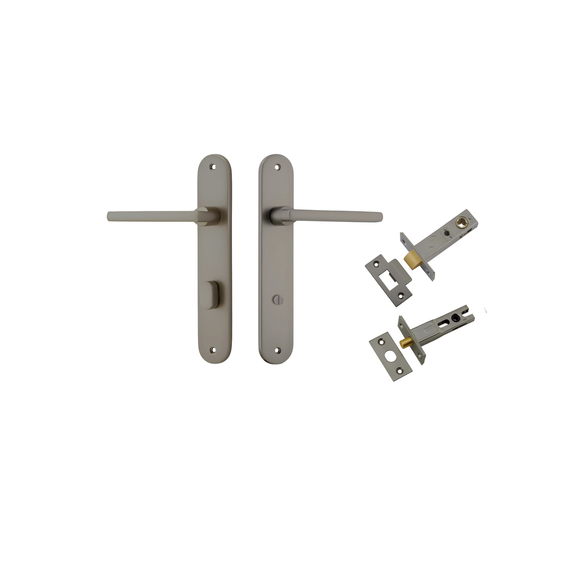 Pair of Iver Baltimore lever door handles on oval backplates, featuring a sleek, modern design in a polished finish.
