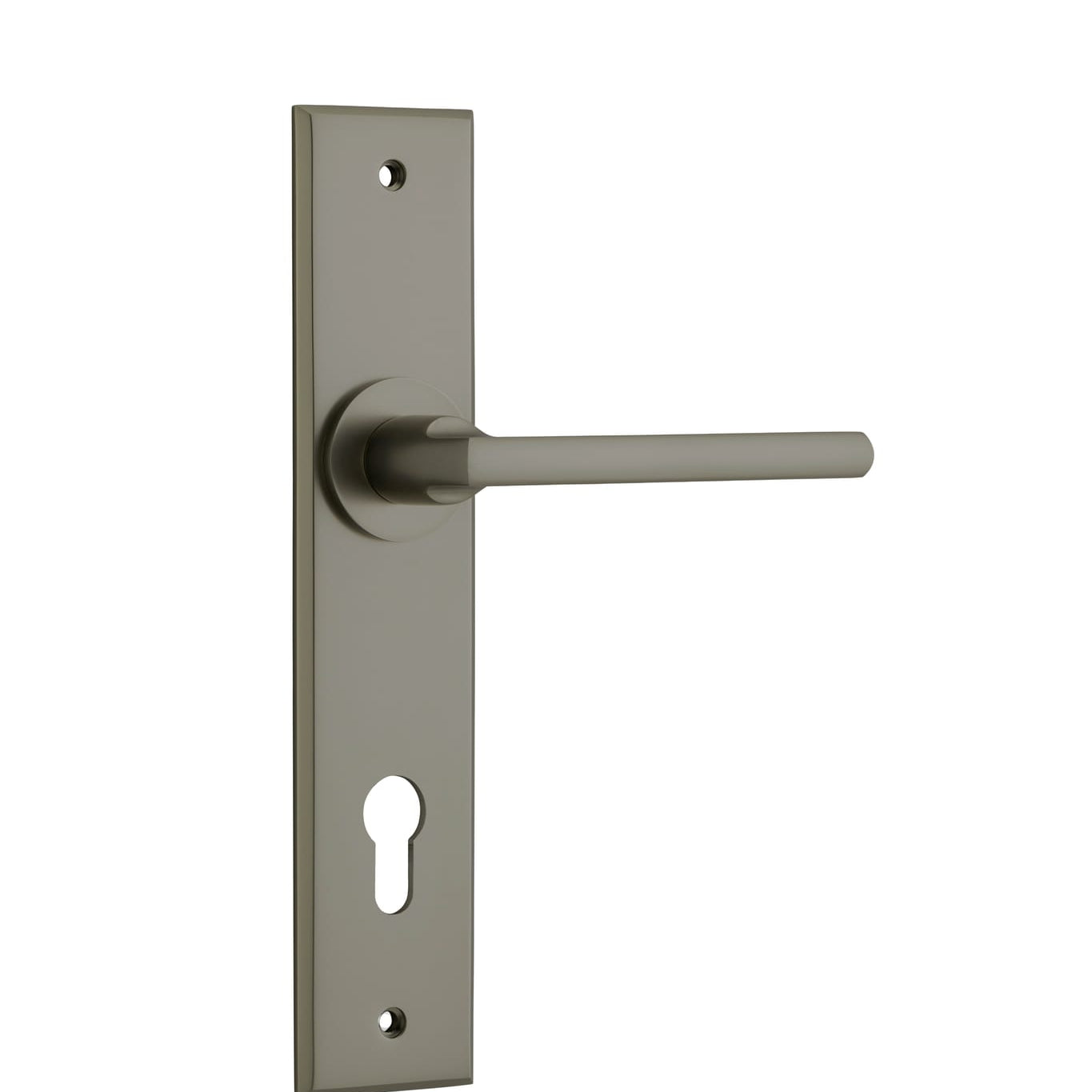 Pair of Iver Baltimore lever door handles on chamfered backplates, featuring a sleek, modern design in a polished finish.