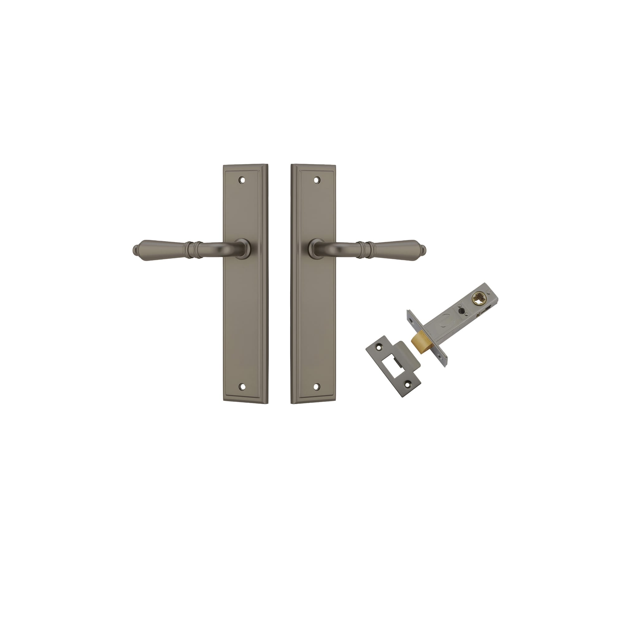 Pair of Iver Sarlat lever door handles on stepped backplate, featuring a sleek, modern design in a polished finish.