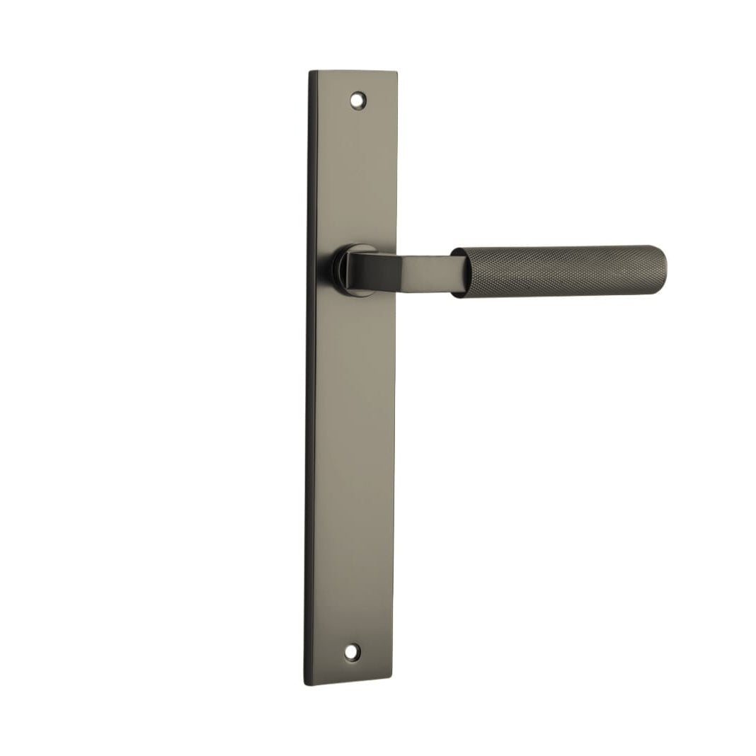 Pair of Iver Brunswick door levers with rectangular backplates, featuring sleek, modern design and polished metal finish.
