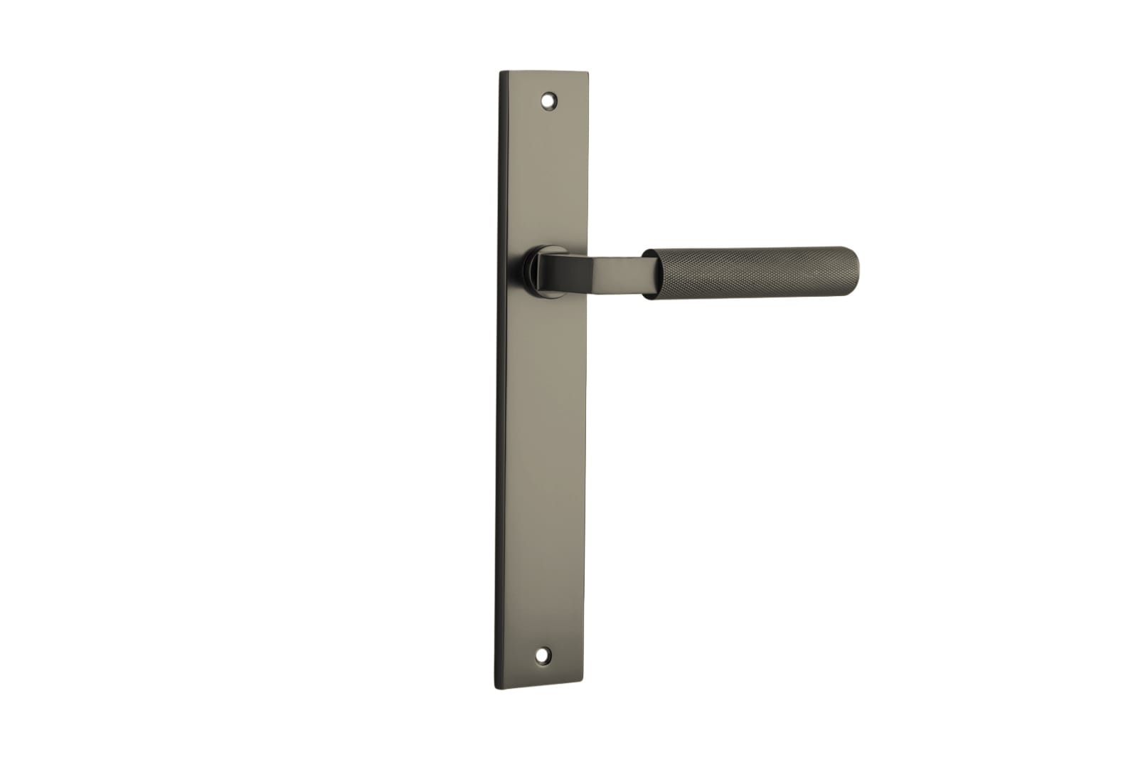 Pair of Iver Brunswick door levers with rectangular backplates, featuring sleek, modern design and polished metal finish.
