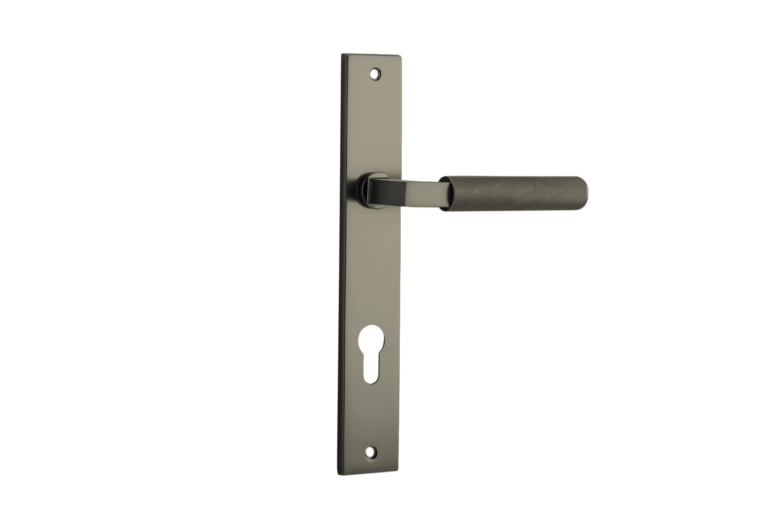 Pair of Iver Brunswick lever door handles on rectangular backplates, featuring a sleek modern design for interior doors.
