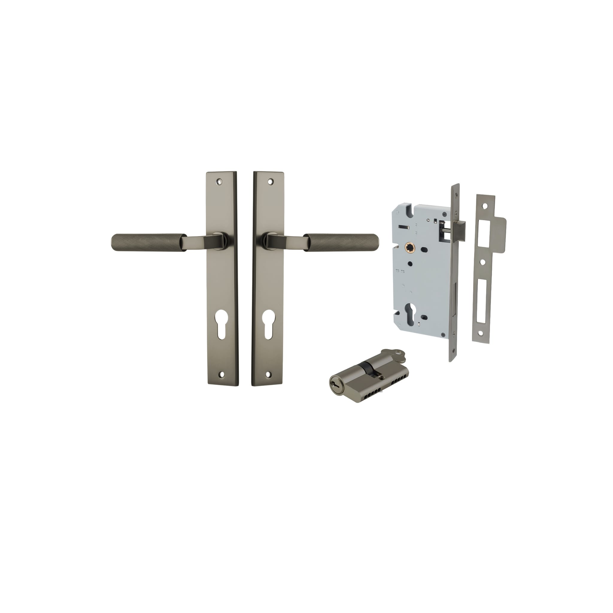Pair of Iver Brunswick lever door handles on rectangular backplates, showing polished metal finish and modern design.