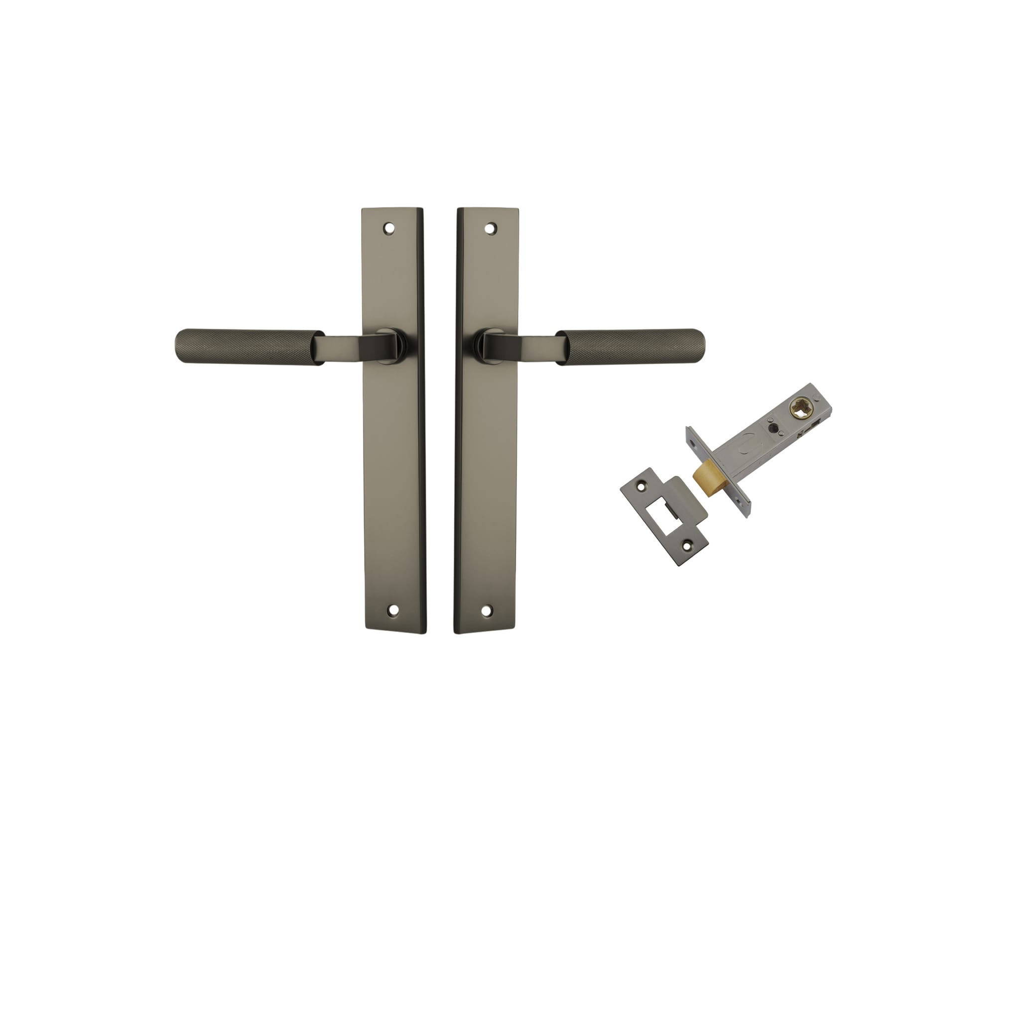 Pair of Iver Brunswick lever door handles on rectangular backplates, featuring a sleek, modern design in a polished finish.