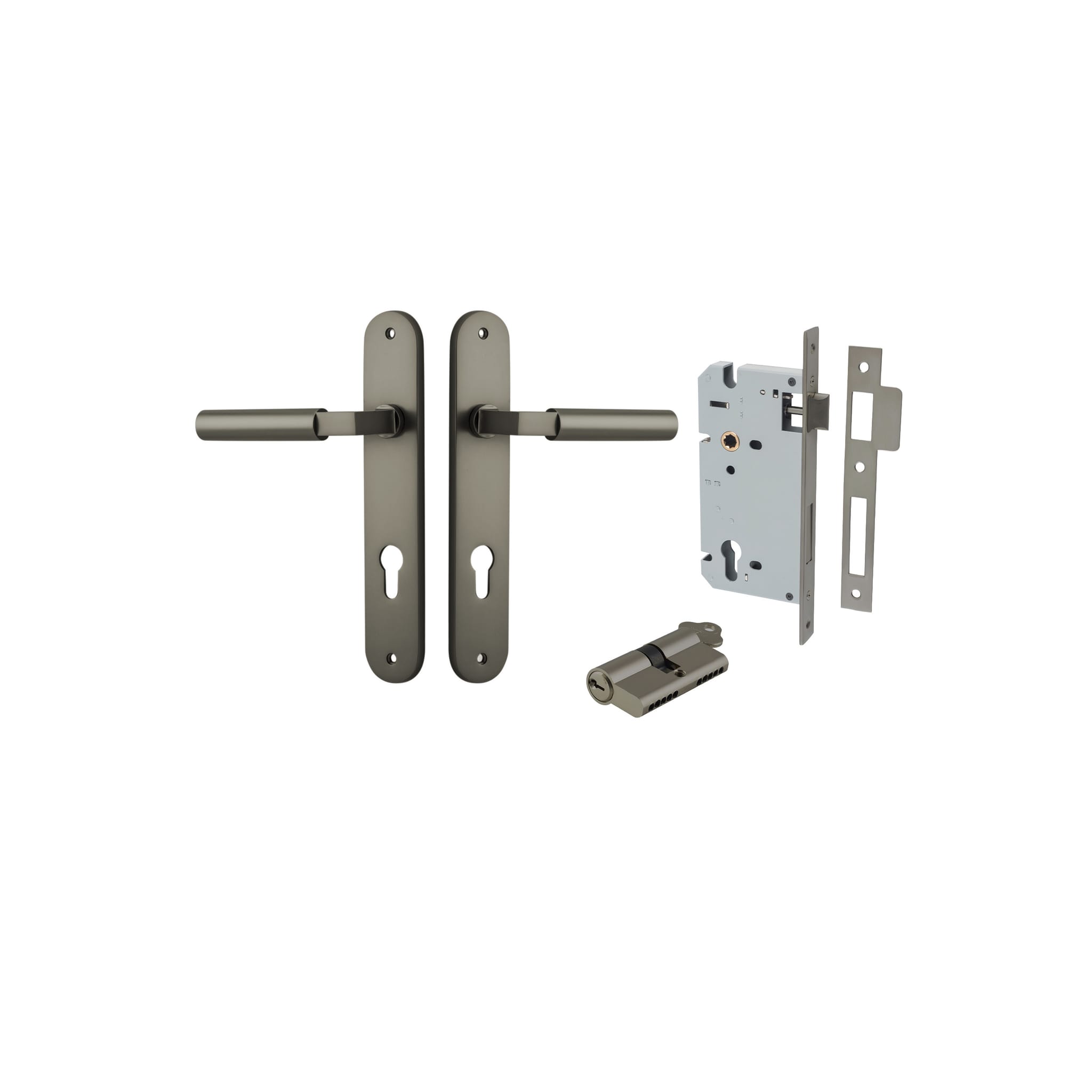 Pair of Iver Berlin lever door handles on oval backplates, featuring a sleek, modern design in a polished finish.