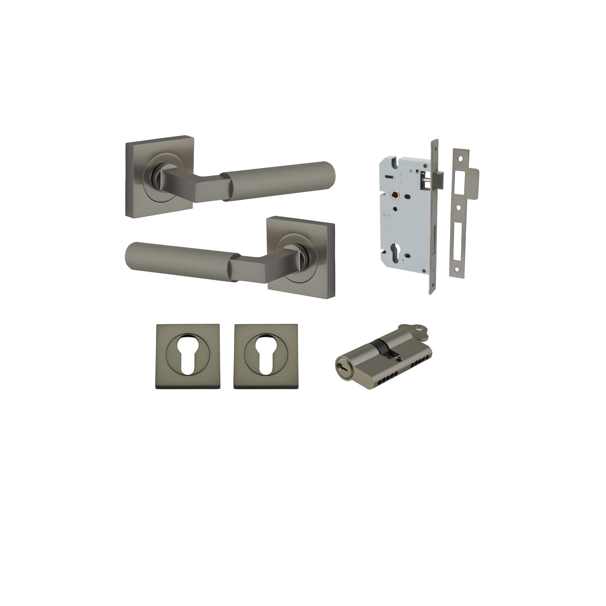 Pair of Iver Brunswick lever door handles on square rose, featuring a sleek, modern design in a polished finish.
