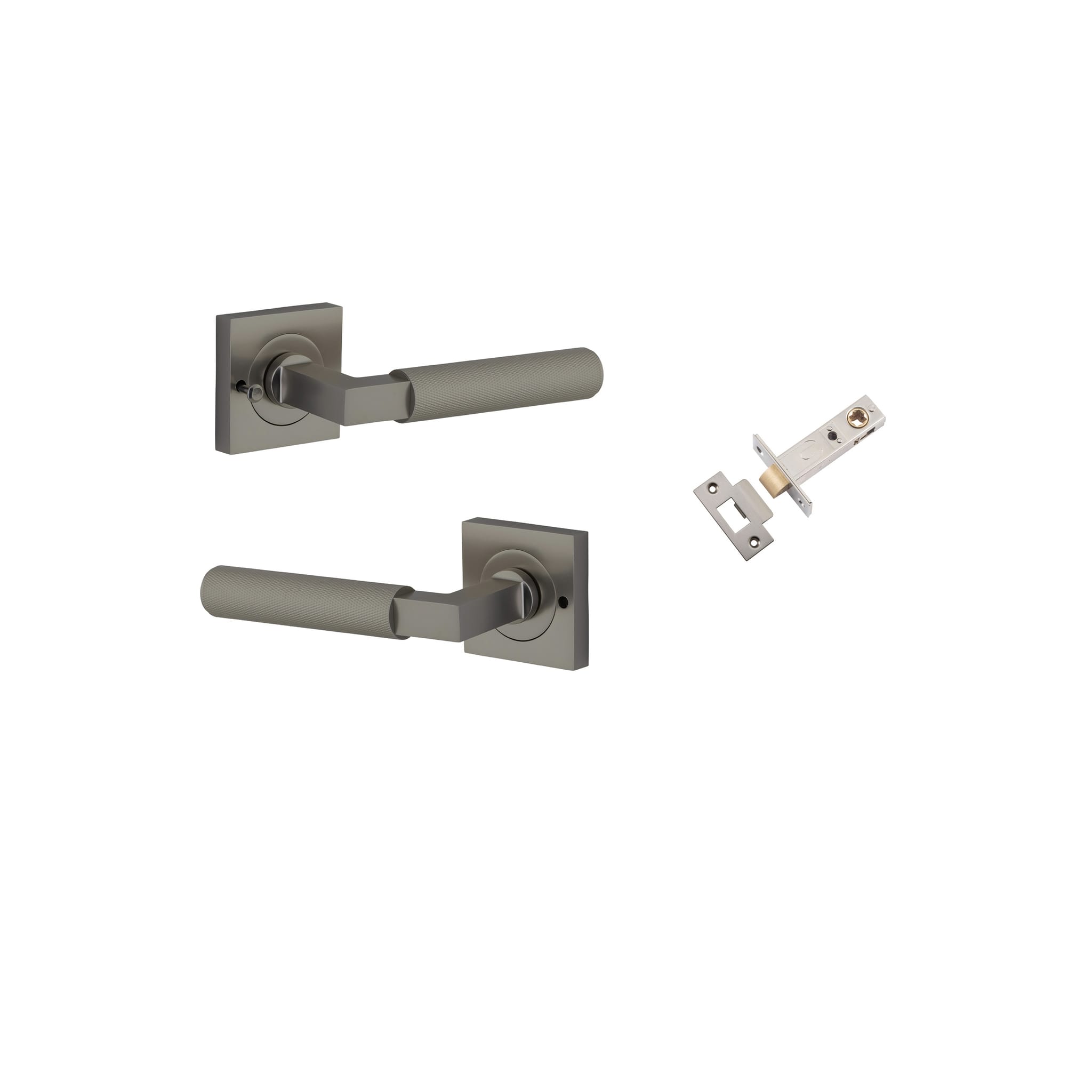 Pair of Iver Brunswick lever handles on square rose, featuring a sleek, modern design for interior door hardware.