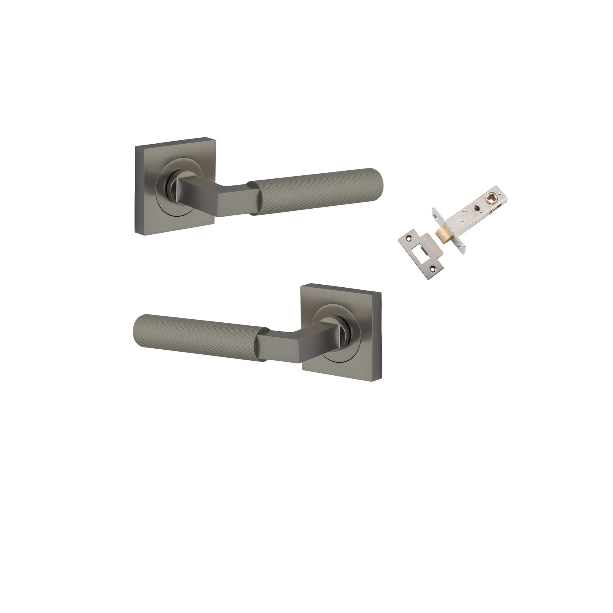 Pair of Iver Brunswick lever door handles on square rose, featuring a stylish and modern hardware design for interior doors.