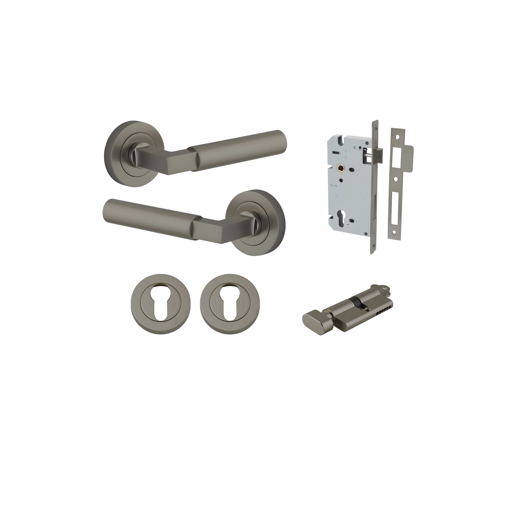 Door Lever Berlin Rose Round Graphite PVD Key / Thumb Entrance Kit in Graphite PVD