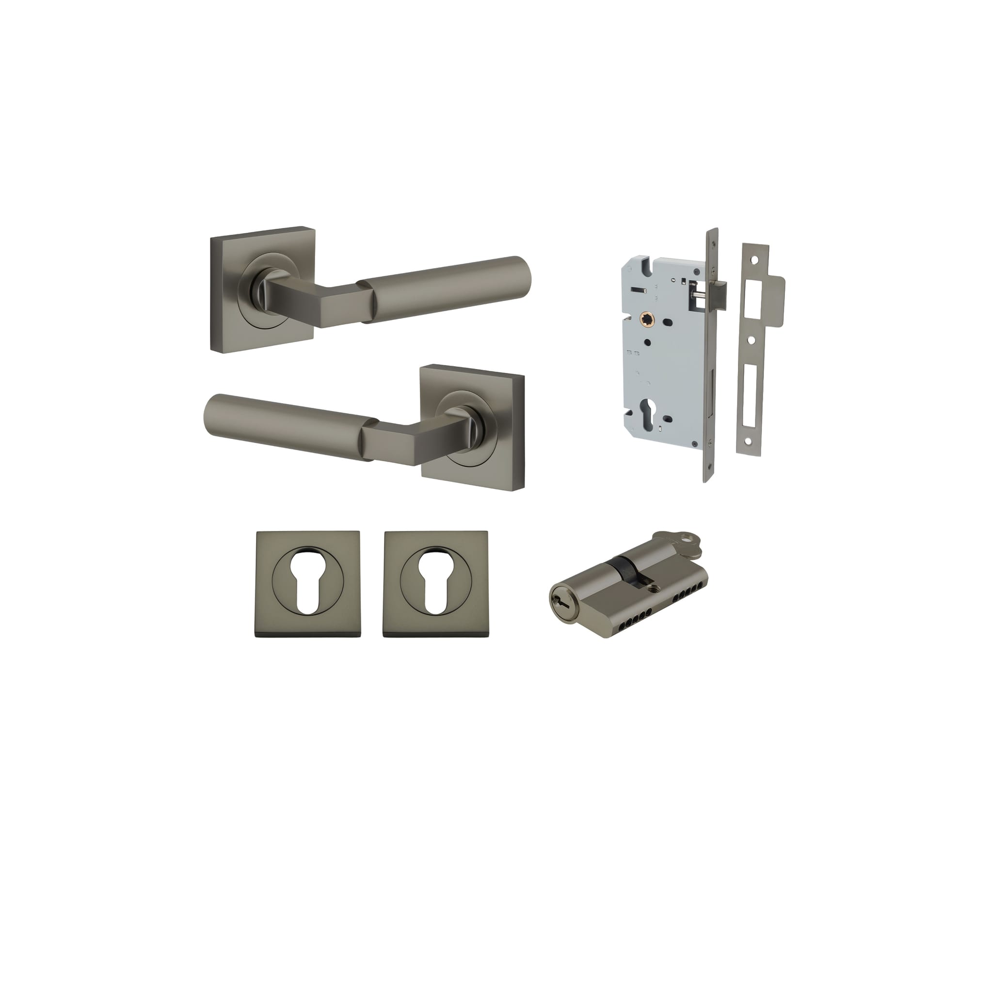 Door Lever Berlin Rose Square Graphite PVD Key / Key Entrance Kit in Graphite PVD