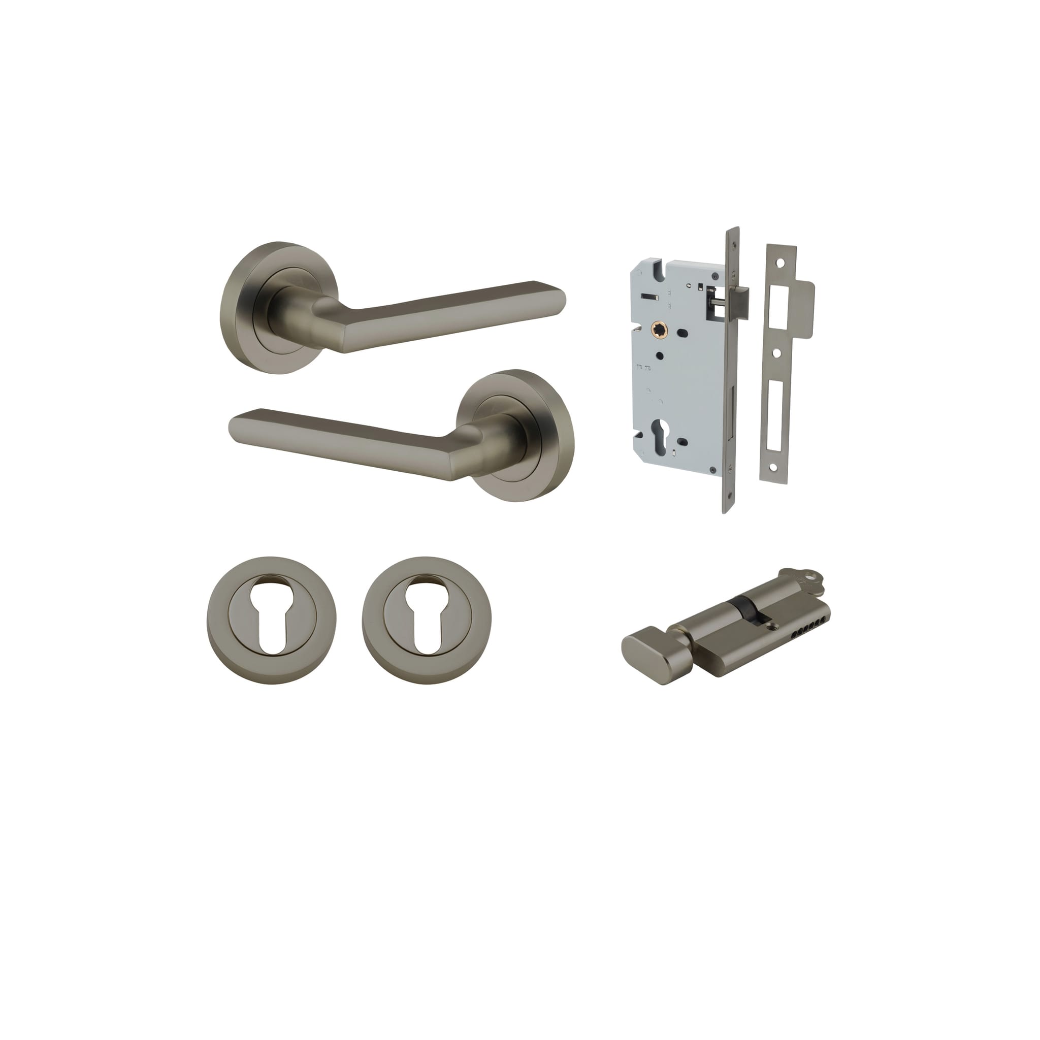 Pair of Iver Baltimore lever handles on round rose, featuring polished metal finish and classic design for interior doors.