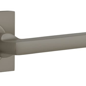 Pair of Iver Baltimore lever door handles on square rose, featuring a sleek, modern design with a satin finish.