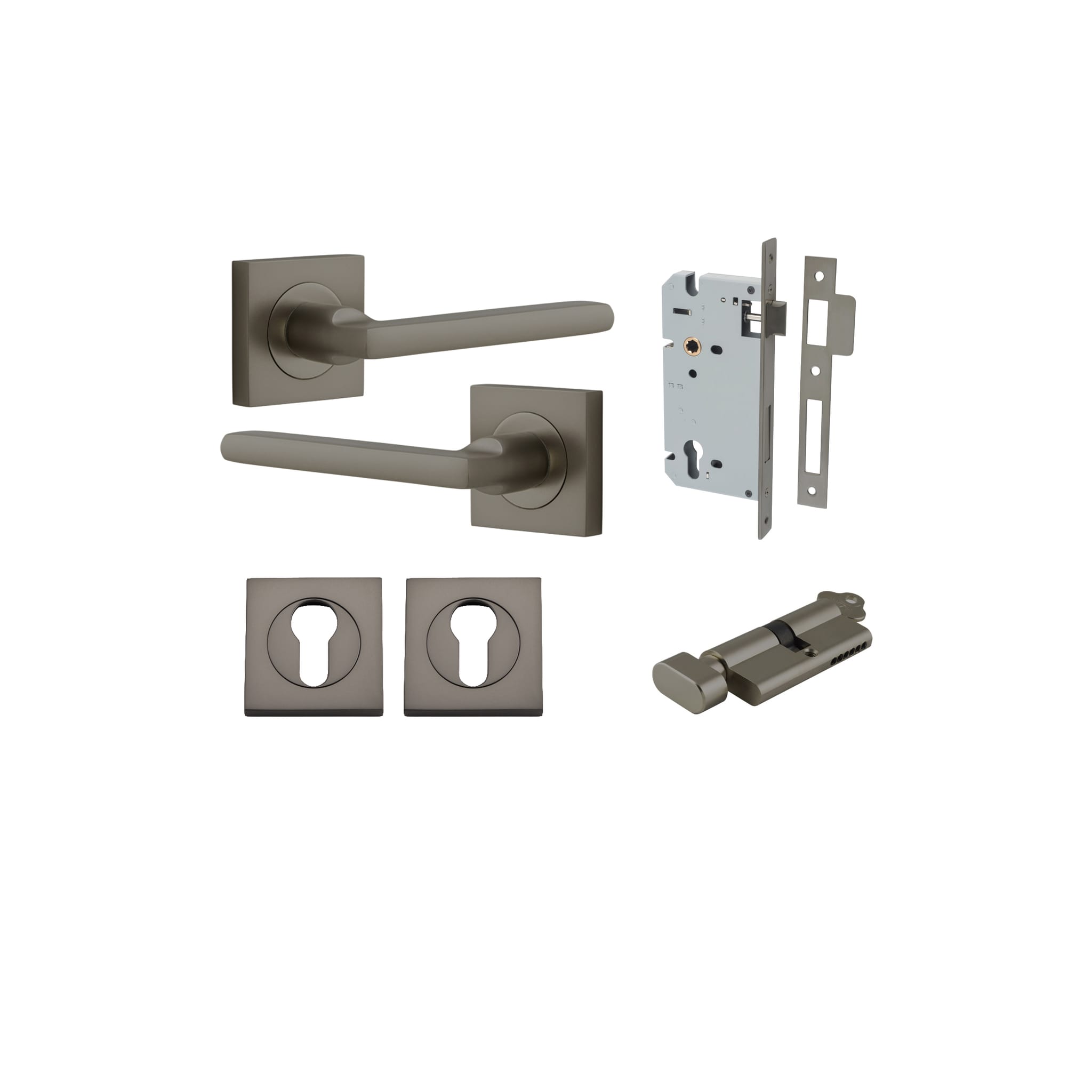 Pair of Iver Baltimore lever door handles on square rose, featuring a sleek brass finish and modern design for interior doors.