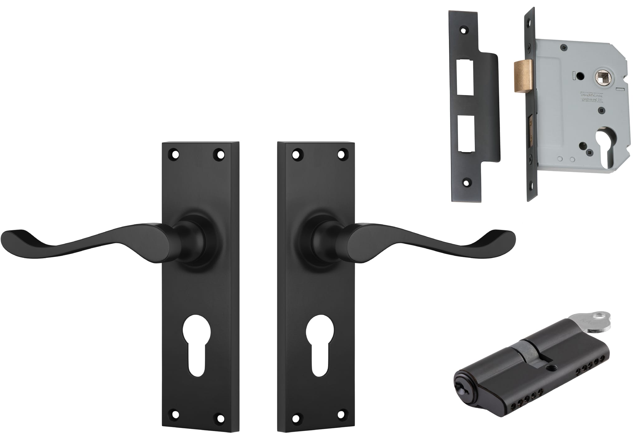 Door Lever Victorian Matt Black Key / Key Entrance Set in Matt Black