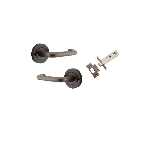 Door Lever Oslo Round Rose Inbuilt Privacy Pair Signature Brass D52xP57mm with Tube Latch Privacy with Faceplate & T Striker Backset 60mm in Signature Brass