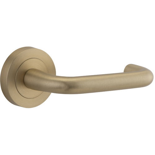 Door Lever Oslo Round Rose Pair Brushed Brass D52xP57mm
(Latch/Lock Sold Separately) in Brushed Brass