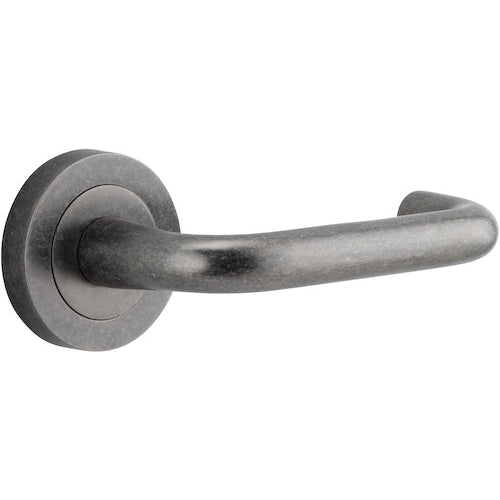 Door Lever Oslo Round Rose Pair Distressed Nickel D52xP57mm
(Latch/Lock Sold Separately) in Distressed Nickel