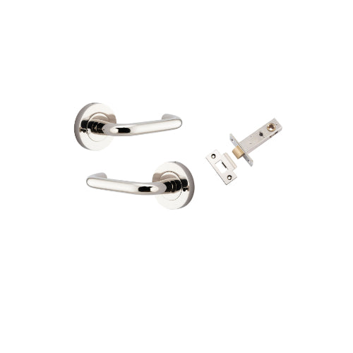 Door Lever Oslo Round Rose Inbuilt Privacy Pair Polished Nickel D52xP57mm with Tube Latch Privacy with Faceplate & T Striker Backset 60mm in Polished Nickel