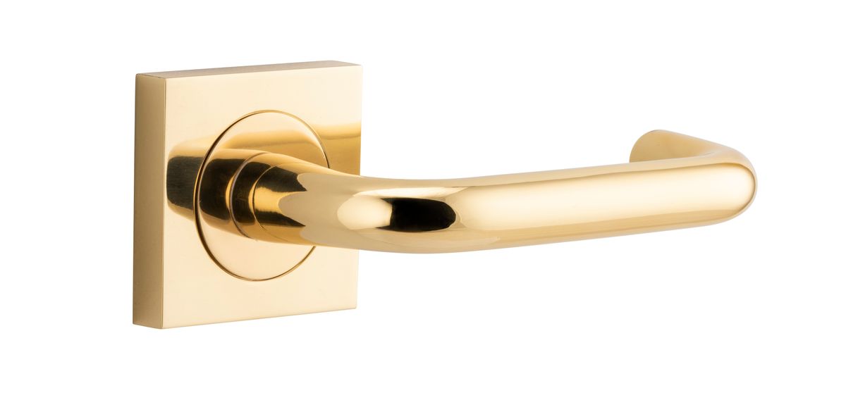 Pair of Iver Oslo Lever on Square Rose architectural hardware, featuring sleek metal handles on square rose plates.