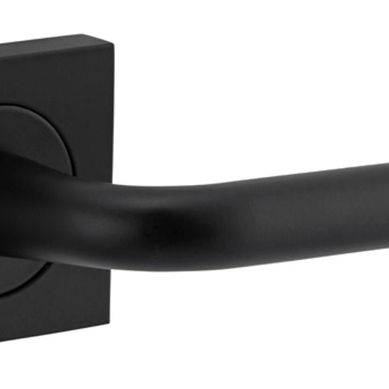 Pair of Iver Oslo Lever handles on square rose for architectural hardware, showcasing sleek metal design and modern finish.