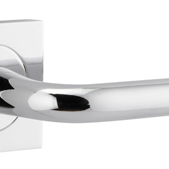 Pair of Iver Oslo Lever on Square Rose architectural hardware, featuring sleek metal levers on modern square rose plates.